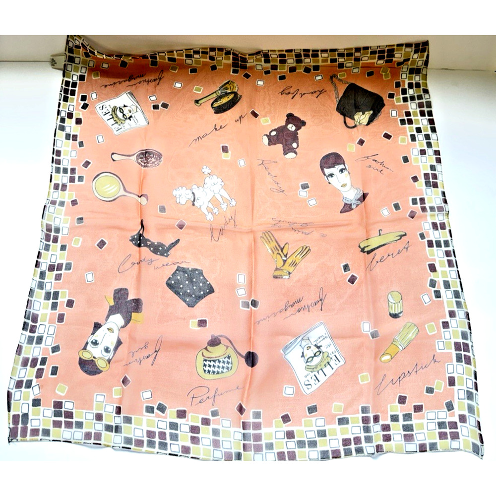 Peach 100% Silk Scarf "Fashion Girl", Perfume, Elle, French Beret, Poodle 20"